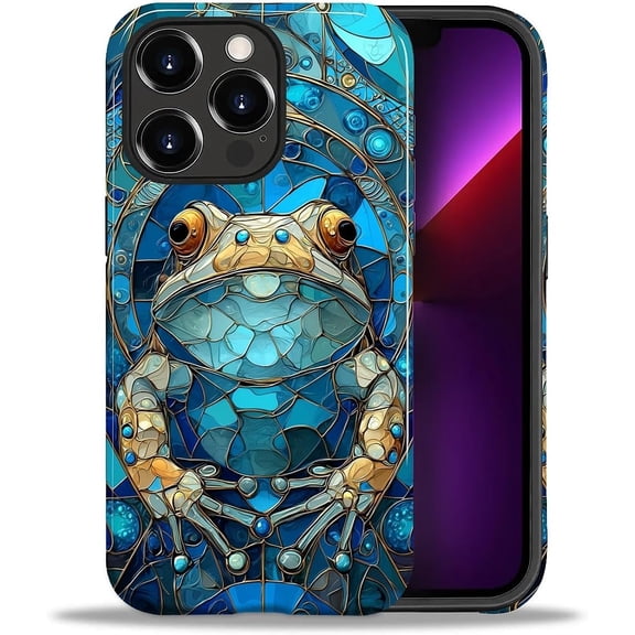 FRKSMD-Case for iPhone 13 Pro,Shockproof Hard Shell + Soft Silicone 2 in 1 Hybrid,Shockproof Bumper Drop Protective - Blue Frog Stained Glass