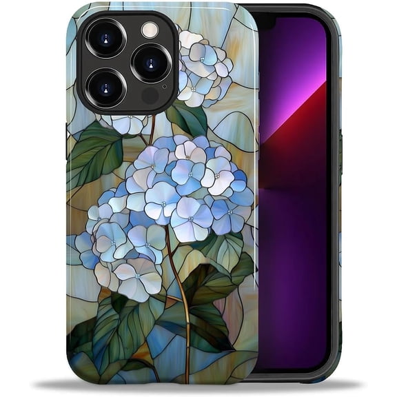 FRKSMD-Case for iPhone 13 Pro,Shockproof Hard Shell + Soft Silicone 2 in 1 Hybrid,Shockproof Bumper Drop Protective - Blue Hydrangea Stained Glass