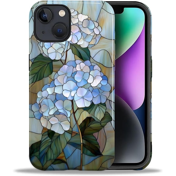 FRKSMD-Case for iPhone 14 Plus,Shockproof Hard Shell + Soft Silicone 2 in 1 Hybrid,Shockproof Bumper Drop Protective - Blue Hydrangea Stained Glass