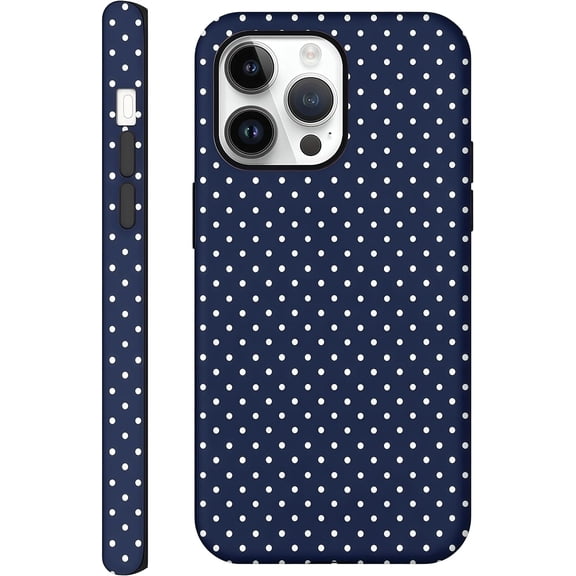 FRKSMD-Case for iPhone 15 Pro Max, Glossy Hybrid 2-Layer Hard Shell, Aesthetic Scratch Resistant Cover, Navy Blue Polka Dot