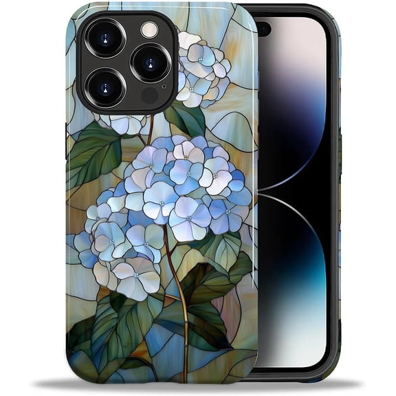 FRKSMD-Case for iPhone 14 Pro Max,Shockproof Hard Shell + Soft Silicone 2 in 1 Hybrid,Shockproof Bumper Drop Protective - Blue Hydrangea Stained Glass
