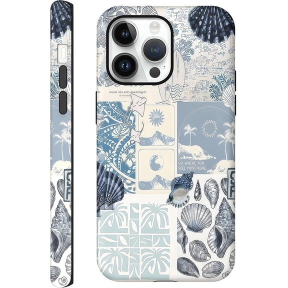 FRKSMD-Cases for iPhone 15 Pro, Blue Sea Shell Coast Collage Aesthetic Phone Cover, Scratch Resistant Hybrid 2-Layer Hard Shell Phone Case