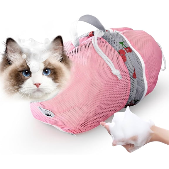 FRKSMD-Cat Bathing Bag, Breathable Mesh Anti Scratch Adjustable Cat Grooming Bag for Nail Trimming, Bathing Soft Cat Washing Bag(Pink&Cherry) M
