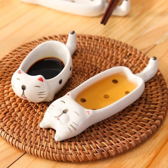 FRKSMD-Ceramic Cat Shaped Sauce Dish and Chopstick Holder Set, White, 2 Piece Set, Soy Sauce Plate, Creative Household Seasoning Dish