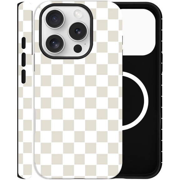FRKSMD-Checkered Phone Case for iPhone 16 Pro, Compatible with MagSafe, Aesthetic Checkerboard Cute Magnetic Design Hybrid 2-Layer Hard Shell Cover for Women, White