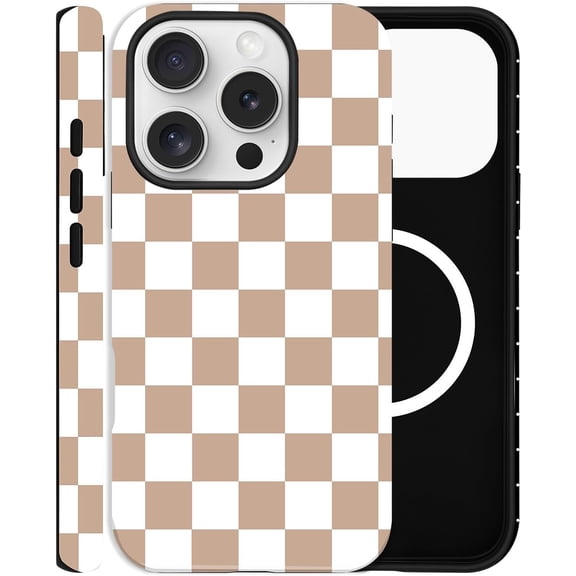 FRKSMD-Checkered Phone Case for iPhone 16 Pro Max, Compatible with MagSafe, Aesthetic Checkerboard Cute Magnetic Design Hybrid 2-Layer Hard Shell Cover for Women, Brown