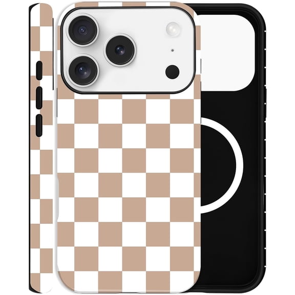 FRKSMD-Checkered Phone Case for iPhone 17 Pro, Compatible with MagSafe, Aesthetic Checkerboard Cute Magnetic Design Hybrid 2-Layer Hard Shell Cover for Women, Brown