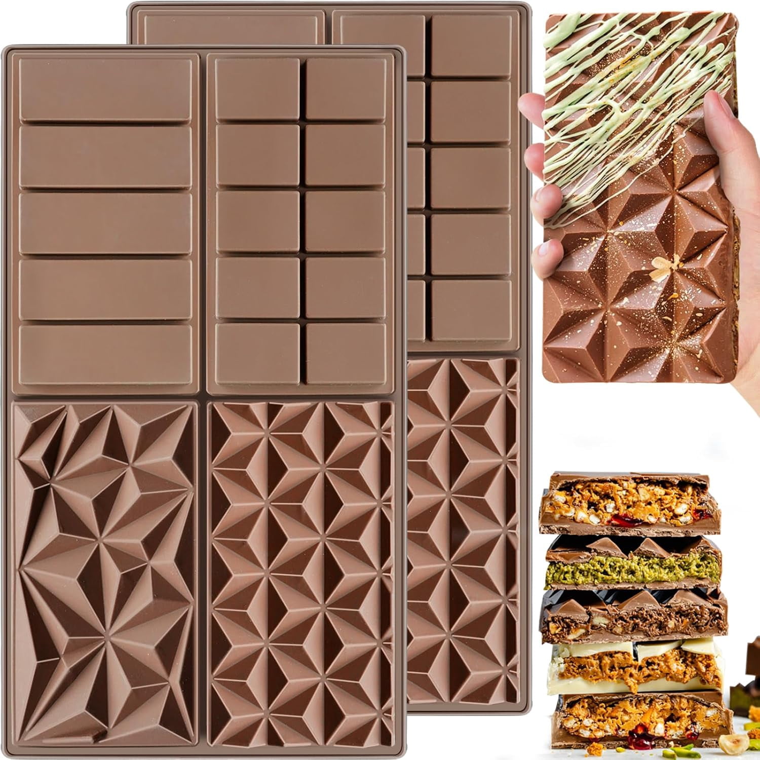 FRKSMD-Chocolate Bar Silicone Molds, Large Stuffed Dubai Pistachio Deep Bar Moulds Kit 1 Inch Thick Big Pack of 2, Ideal for Homemade Making Bar Candy Bar Bpa Free DIY