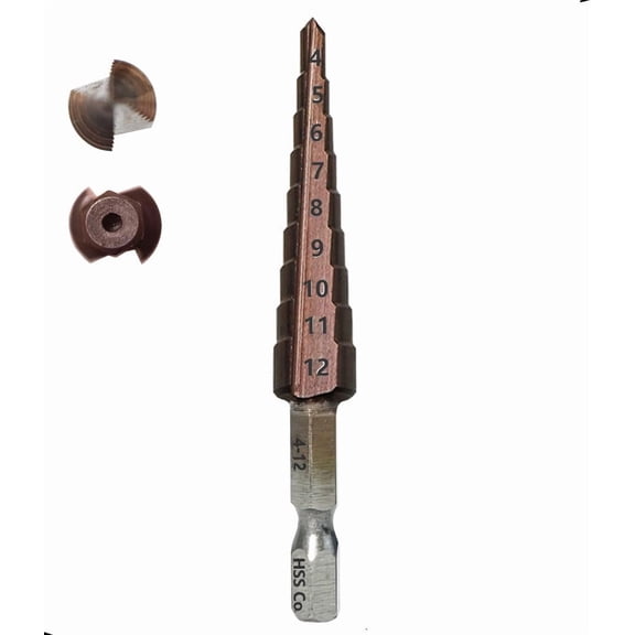 FRKSMD-Cobalt Steel Step Drill Bit, M35 Grade 5% Cobalt HSS-Co,9 Size from 4mm to 12mm, Double Straight Flutes and 1/4 Inch Hex Shank,Unibit Step Bit for Hole Drilling in Stainless Steel,Metal,Copper