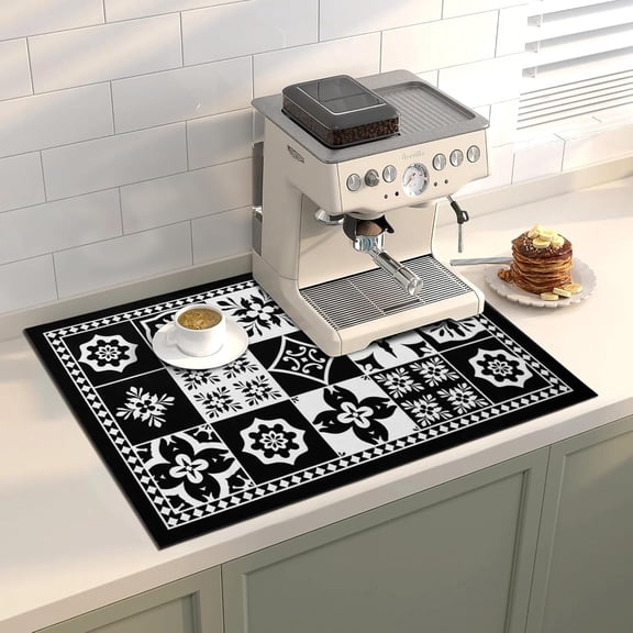 FRKSMD-Coffee Mat Dish Drying Mat Hide Stain High Absorbent Bar Mat for Countertops Easy Clean,Fit Under Coffee Maker Machine And Accessories-16"x24",Retro Black