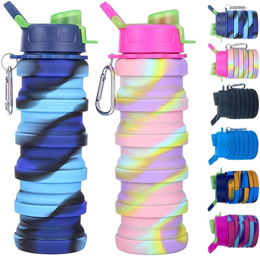 FRKSMD-Collapsible Silicone Bottles 2 Pack - Expandable 500ml Portable Sport Bottles with Carabiner for Travel & Camping (Blue Camo + Pink Camo)