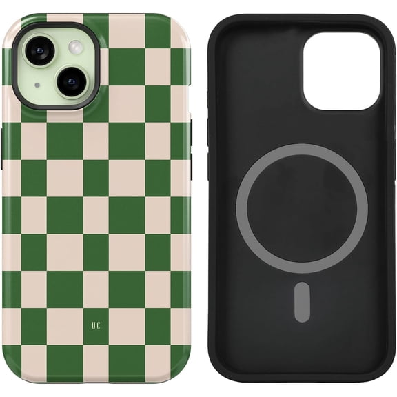 FRKSMD-Compatible with iPhone 15/14/13 Case [8 ft Drop Tested] Compatible with MagSafe - Protective Luxury Checkerboard Checkered Classic Cases(Green Checkered, iPhone 15/14/ 13 6.1")