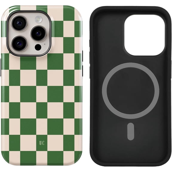 FRKSMD-Compatible with iPhone 15 Pro Case [8 ft Drop Tested] Compatible with MagSafe - Protective Luxury Checkerboard Checkered Classic Cases(Green Checkered, iPhone 15 Pro 6.1")