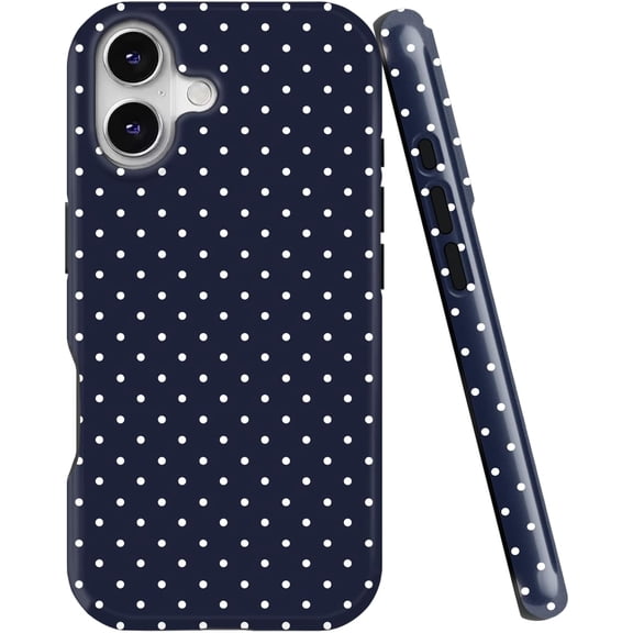 FRKSMD-Compatible with iPhone 16 Plus 6.7" Case, Hybrid 2 Layer Hard Shell Silicone Protective Case Shockproof Design Slim Stylish Durable Phone Cover (Navy Blue Polka Dot, iPhone 16 Plus)