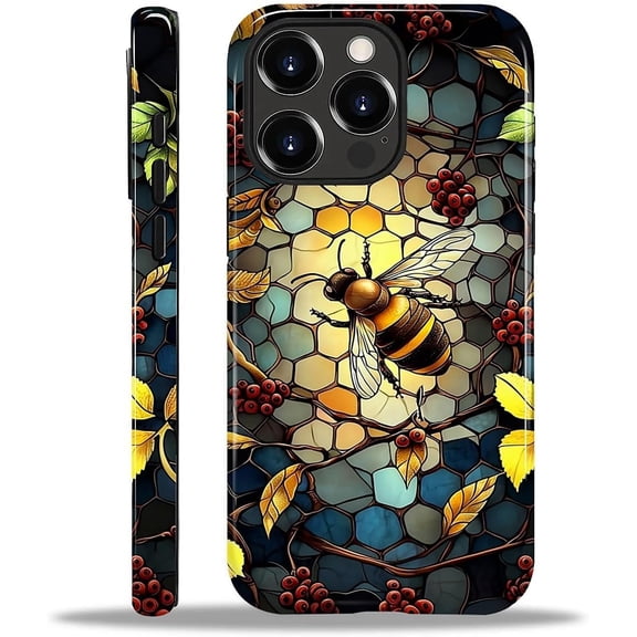 FRKSMD-Compatible with iPhone 15 Pro Case Scratch Resistant Shockproof Protective CaseStained Glass Yellow Bee