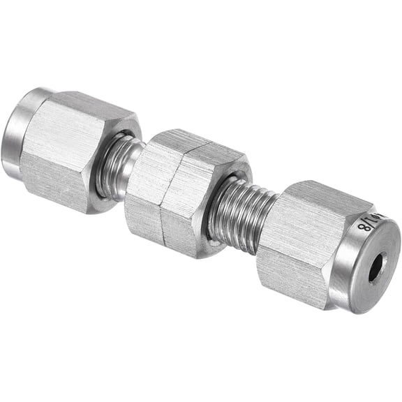 FRKSMD-Compression Tubes Fitting, Bulkhead Union Coupling Adapter 304 Stainless Steel Great for Pipes (Silver Tone, 1/8-Inch Tubes OD x 1/8-Inch Tubes OD)