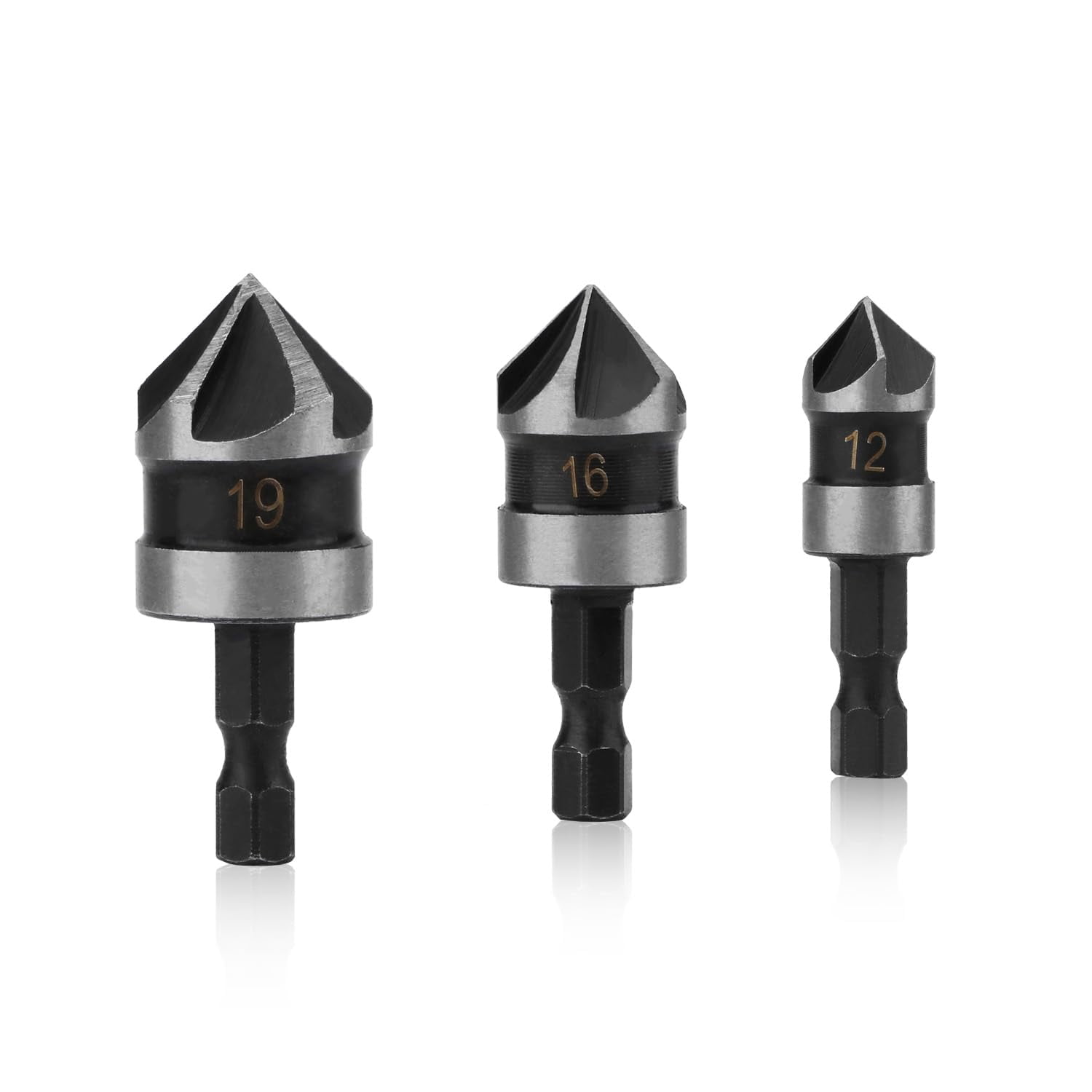 FRKSMD-Countersink Drill Bit Set 3Pcs 1/4 Inch 12/16/19mm Hex Shank 5 Flute 90 Degree Chamfering Countersink Bore Sets for Wood Metal Quick Change Bits