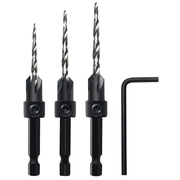 FRKSMD-Countersink Drill Bit Set, 3Pcs Tapered Drill Bits M2 HSS, with 1/4" Hex Shank Quick Change and Allen Wrench, Counter Sinker Set for Woodworking and Carpentry, Pilot Screw Hole Set