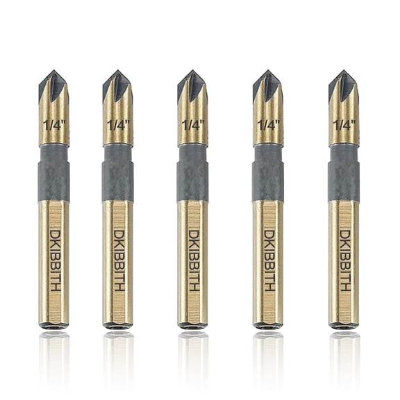FRKSMD-Countersink Drill Bit Set, 5 Pieces High Speed Steel 82 Degree 5 Flute 6mm Round Shank Mill Cutter Bit Countersink in Sizes 1/4" Set with Carrying Case.