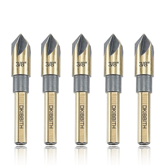 FRKSMD-Countersink Drill Bit Set, 5 Pieces High Speed Steel 82 Degree 5 Flute 6mm Round Shank Mill Cutter Bit Countersink in Sizes 3/8" Set with Carrying Case.