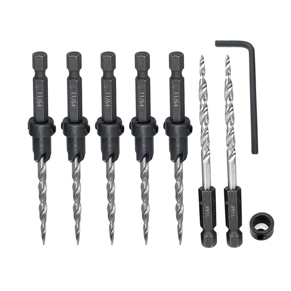 FRKSMD-Countersink Drill Bit Set - 5PCS 11/64" Wood Bit With 2PCS Extra Tapered Bit, Stop Collar, Hex Wrench for Woodworking