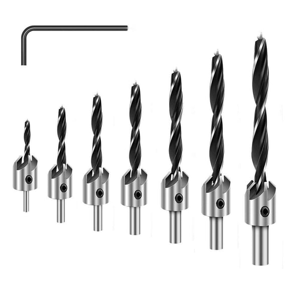 FRKSMD-Countersink Drill Bits Set, 7-Pack High Carbon Steel Countersink Drill Bits for Wood, Woodworking Carpentry Reamer with 1 Free Hex Key Wrench