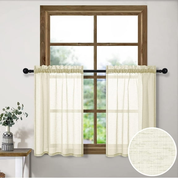 FRKSMD-Cream Short Curtains 24 Inch Length for Small Windows 2 Pieces Rod Pocket Semi Sheer Linen Textured Beige Country Kitchen Curtains Tiers for Half Window Bathroom Basement Bedroom Door Sink 30x