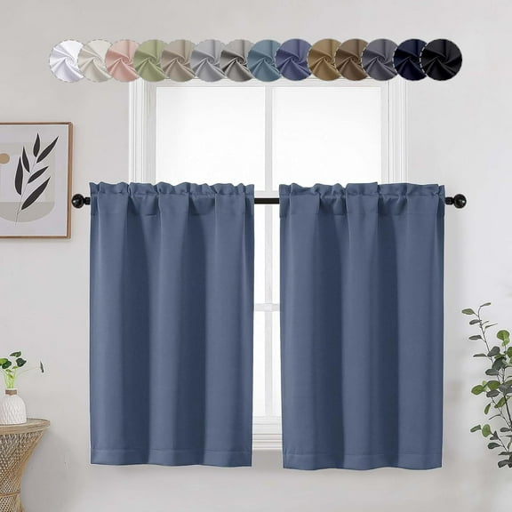FRKSMD-Denim Cafe Blackout Curtains Tier 36 Inch Length 2 Panels, Soft Solid Thermal Insulated Room Darkening Small Kitchen Window Curtains Over Sink for Bathroom Basement, Denim, Each 30" Wx36 L