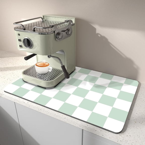 FRKSMD-Dish Drying Mat for Kitchen Counter, 12" x 20" Checkered Coffee Bar Mat for Espresso Machine, Absorbent Stain-Resistant Countertop Protector, Non-Slip Back Drying Pad for Coffee Maker, Green &