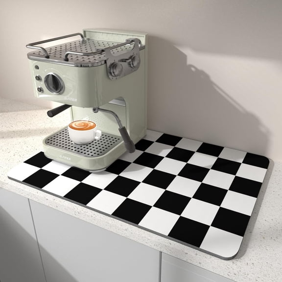 FRKSMD-Dish Drying Mat for Kitchen Counter, 12" x 20" Checkered Coffee Bar Mat for Espresso Machine, Absorbent and Stain-Resistant Countertop Protector, Non-Slip Rubber Back Drying Pad, Black & White