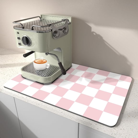 FRKSMD-Dish Drying Mat for Kitchen Counter, 12" x 20" Checkered Coffee Bar Mat for Espresso Machine, Absorbent and Stain-Resistant Countertop Protector, Non-Slip Rubber Back Drying Pad, Pink & White
