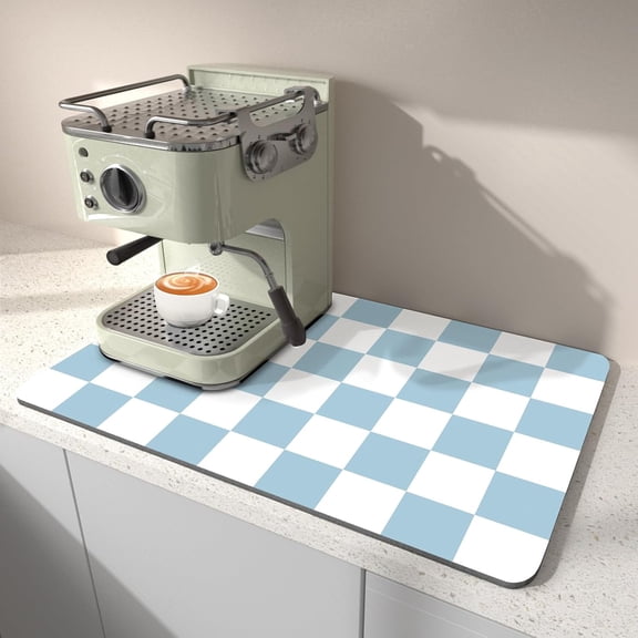 FRKSMD-Dish Drying Mat for Kitchen Counter, 12" x 20" Checkered Coffee Bar Mat for Espresso Machine, Stain-Resistant Countertop Protector, Non-Slip Rubber Back Drying Pad for Coffee Maker, Blue & Whi