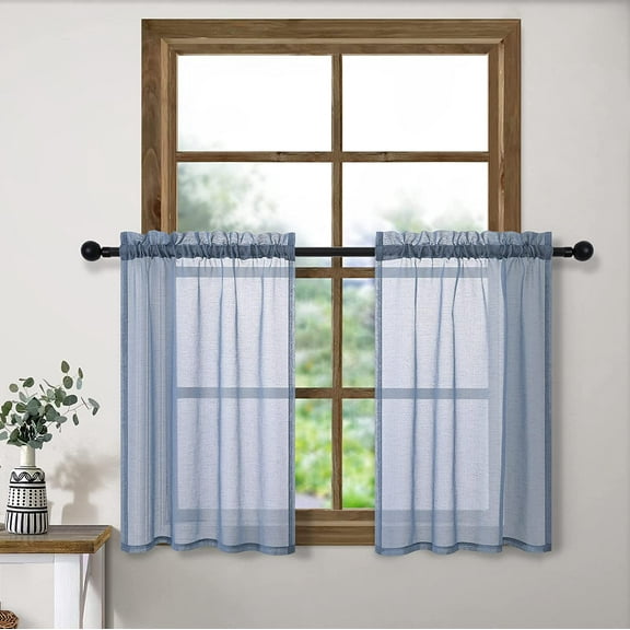 FRKSMD-Dusty Blue Kitchen Curtains 36 Inch Length 2 Panels Rod Pocket Short Semi Sheer Linen Look Cafe Curtain Tiers for Bedroom Bathroom Small Windows Garage 30 by 36 Inches Long Country Blue Grey G