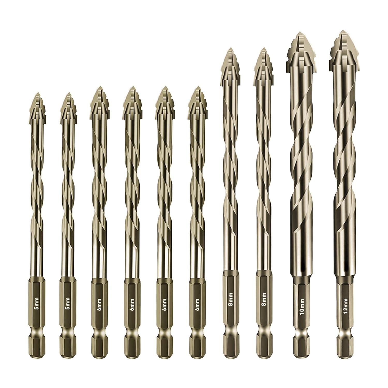 FRKSMD-Four-Flute Sawtooth Eccentric Drill Bit, Multifunction Drill Bit Set High Hardness Skewed Head Eccentric Drill (Yellow,10PC: 5/5/6/6/6/6/8/8/10/12MM)
