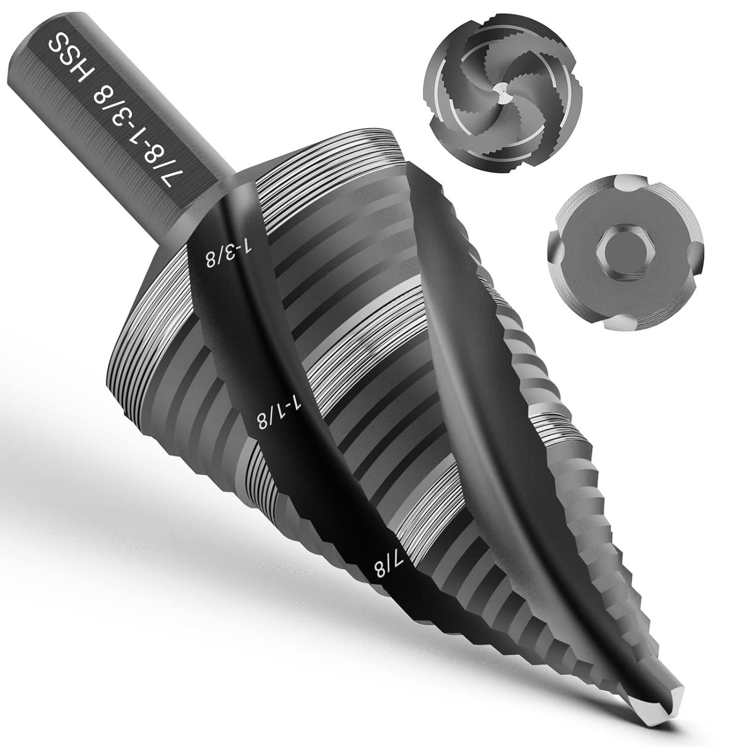 FRKSMD-Four Spiral Flute Step Drill Bit, HSS Step Drill Bit 3/16"-1-3/8" (19 Steps) Unibit Step Drill Bit, 1/4" Shank Step Bits for Aluminum, Wood, Plastic, Metal