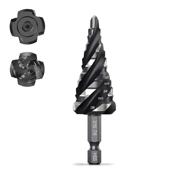 FRKSMD-Four Spiral Flute Step Drill Bit, HSS Step Drill Bit3/16-7/8 (12 Steps) Unibit Step Drill Bit, 1/4" Shank Step Bits for Aluminum, Wood, Plastic, Metal