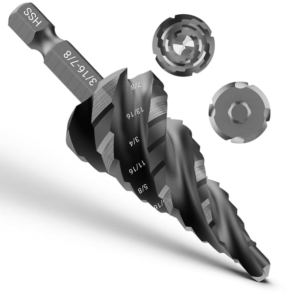 FRKSMD-Four Spiral Flute Step Drill Bit, HSS Step Drill Bits (3/16"-7/8") Unibit Step Drill Bit, 1/4" Shank Step Bits for Aluminum, Wood, Plastic, Metal