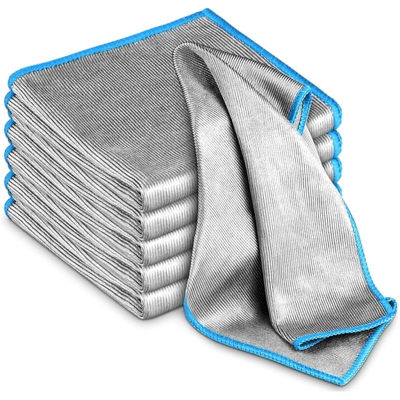 FRKSMD-Glass Polishing Cloth Streak Free Miracle Microfiber Cleaning Cloth Lint Free Cleaning Rags for Glasses Kitchen Dish Mirrors Easy Clean, Pack of 6, 12" x 12", Sliver-Blue