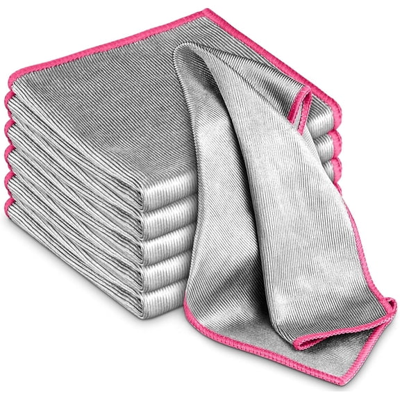 FRKSMD-Glass Polishing Cloth Streak Free Miracle Microfiber Cleaning Cloth Lint Free Cleaning Rags for Glasses Kitchen Dish Mirrors Easy Clean, Pack of 6, 12" x 12", Sliver-Pink