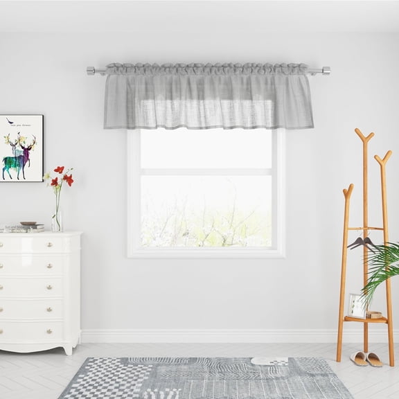 FRKSMD-Grey Valance 90"W x 14"L Sheer Curtain Living Room Bedroom Kitchen Voile Transparent Linen Textured Valance Curtain 1 Panel Rod Pocket
