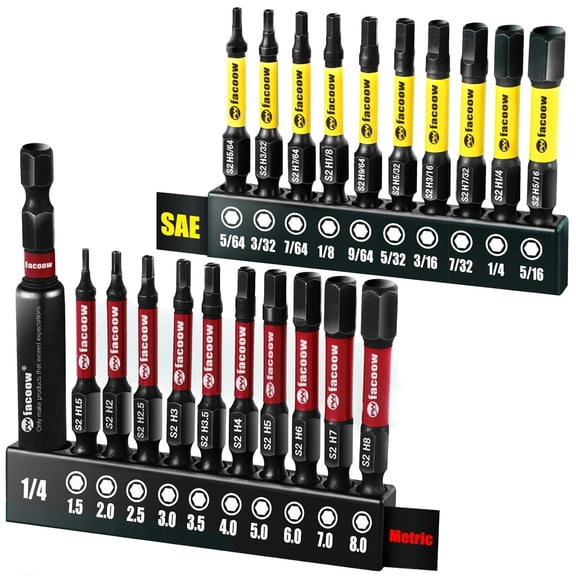 FRKSMD-Hex Bit Set, S2 Alloy Steel Allen Wrench Drill Bit Set with Magnetic Tips, 1/4 Hex-Shank 2" Impact Allen Key Bits Set with 2.3" Hex Extension, Precision CNC Machining, 20+1 Pack(Metric&SAE)