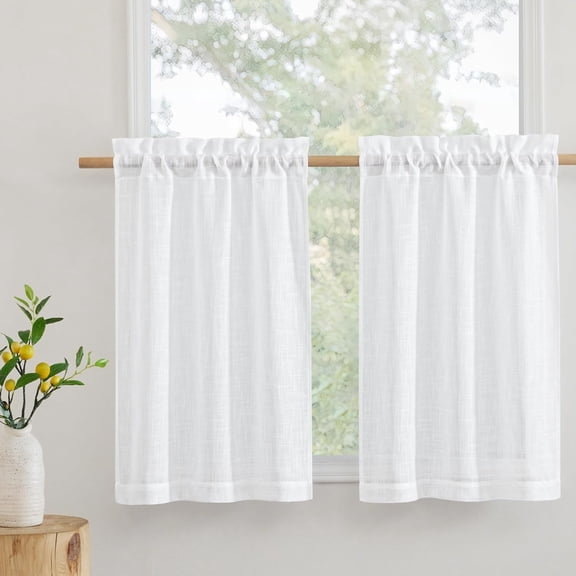 FRKSMD-Kitchen Curtains, 30 inches Long Linen Rod Pocket Semi Sheer Cuartins for Basemnet Cafe, Light Filtering Bathroom Curtains Over Sink, W 26 x L 30, White, 2 Panels Set