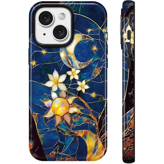FRKSMD-Lumen for iPhone 15 Plus Case, Compatible with Magsafe, Hard Shell Cover with Camera Protection for Women Girls - Mosaic Glass Celestial Moon Sun Gothic Navy Blue Whimsy Aesthetic Unique