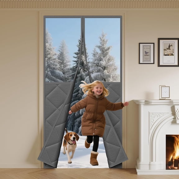 FRKSMD-Magnetic Thermal Insulated Door Curtain Fits Door Size 36" x 82" Visible Doors Cover for Heat Insulation Thicken Cotton to Keep House Warm as Temporary Doors to Soundproof,Grey
