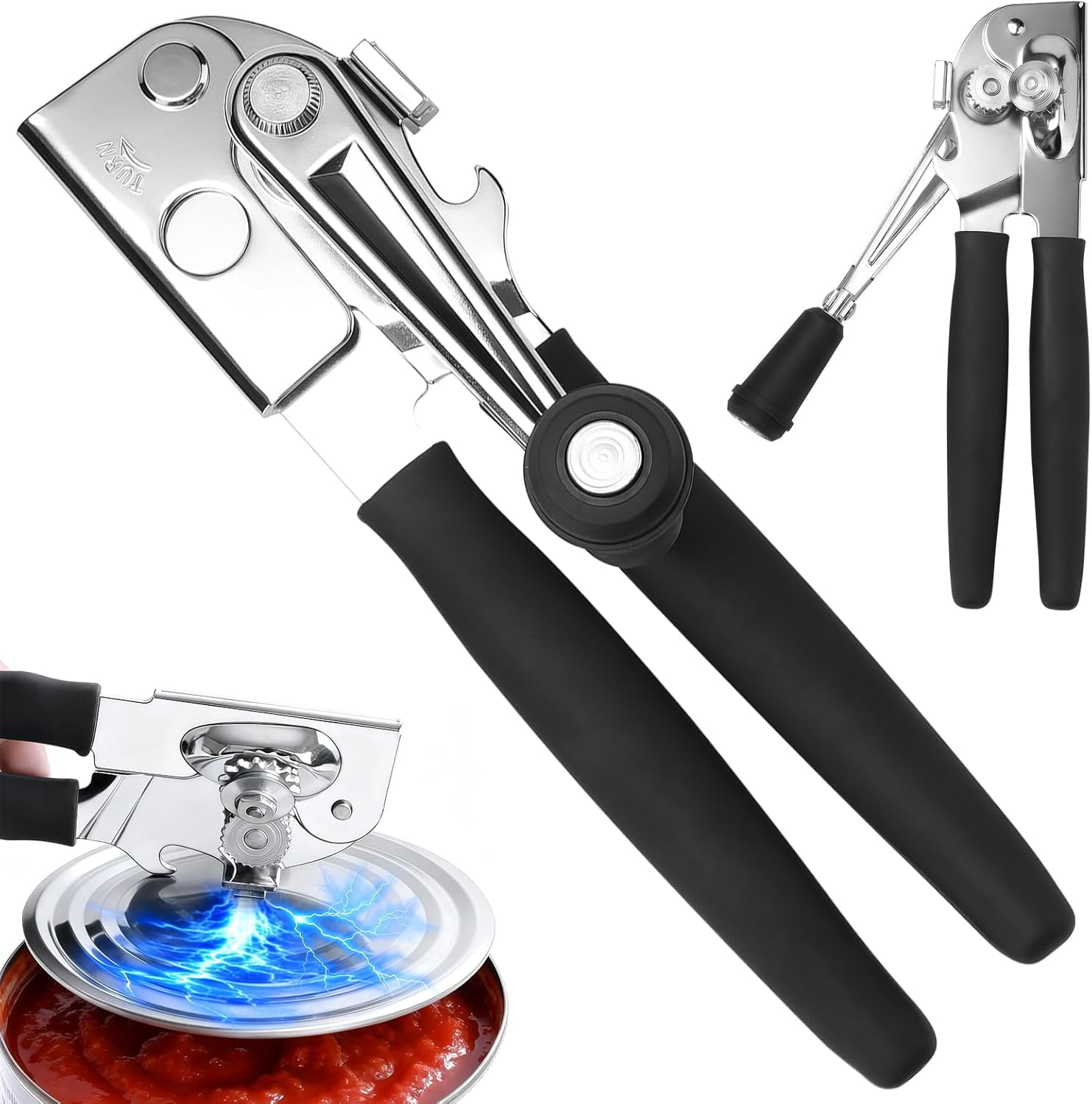 FRKSMD-Manual Can Opener and Bottle Opener - Hand Held Kitchen Tool with Sharp Blade and Easy Turn Knob for Seniors, Swing-Away Design, Stainless Steel, Fits All Can Sizes (Black)