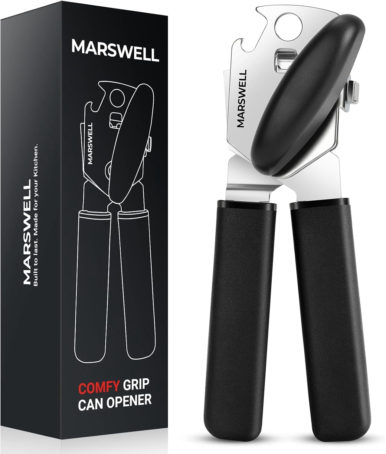FRKSMD-Manual Can Opener with Comfy Grip, Easy Turn Knob & Magnetic Lid Lifter, Smooth Cutting Hand Held Can Opener for Seniors, Arthritis & Weak Hands, Heavy Duty Kitchen Tool, Black