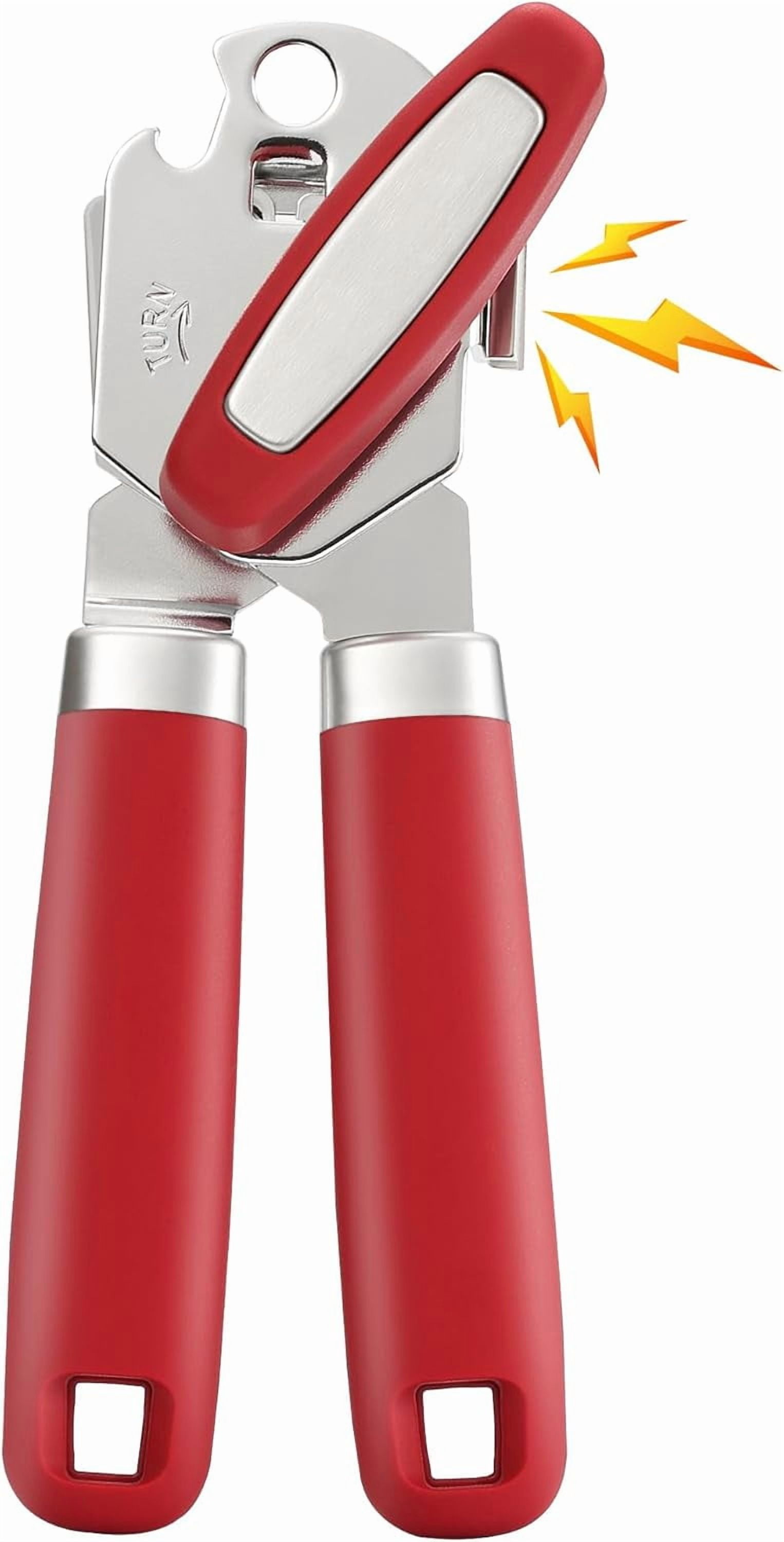 FRKSMD-Manual Can Opener Smooth Edge with Magnet, Stainless Steel Handheld Strong Can Bottle Opener, Extra Shape Cutting Blade&Large Turn Knob, Multifunctional 4 In 1 Kitchen Tool for Seniors, Red
