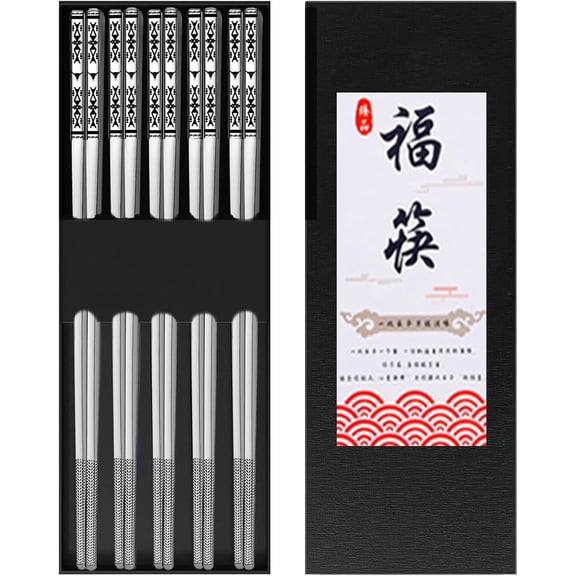 FRKSMD-Metal Chopsticks Reusable 5 Pairs 18/8 Stainless Steel Chopsticks Dishwasher Safe Square Lightweight Non-Slip Chop Sticks Gift Set(Bull Head Silvery)