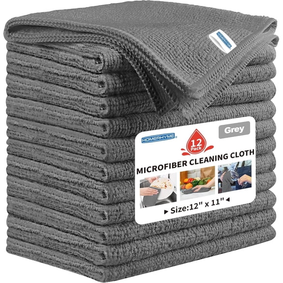 FRKSMD-Microfiber Cleaning Cloth, 12 Pack Grey Cleaning Rags,12" X 11" Lint Free Dish Towels Wash Cloths, Reusable Microfiber Towels for Home and Kitchen Bathroom Apartment Cleaning Supplies