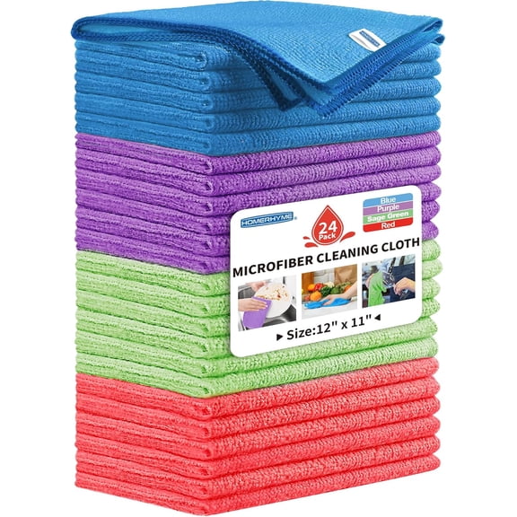 FRKSMD-Microfiber Cleaning Cloth, 24 Pack Cleaning Rags,12" X 11" Lint Free Dish Towels Wash Cloths, Reusable Microfiber Towels for Home and Kitchen Bathroom Apartment Cleaning Supplies, Assorted